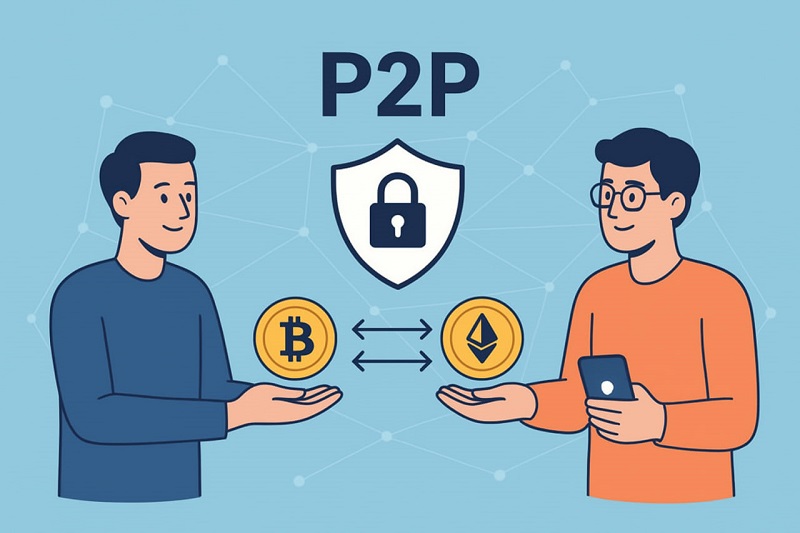 آموزش P2P ترید و معاملات همتا‌به‌همتا در ارز دیجیتال با توضیح کامل مراحل خرید و فروش. خلاصه تصویر: تصویری از یک تبادل امن ارز دیجیتال بین دو کاربر در بستر P2P.