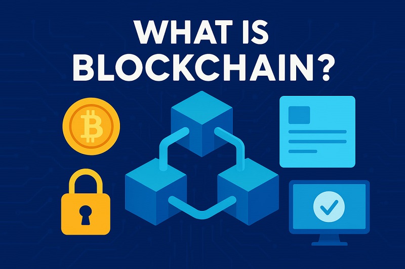 تصویر گرافیکی بلاکچین با بلوکهای متصل، نماد بیتکوین و آیکون قفل امنیتی که مفهوم فناوری بلاکچین و امنیت آن را نمایش میدهد.