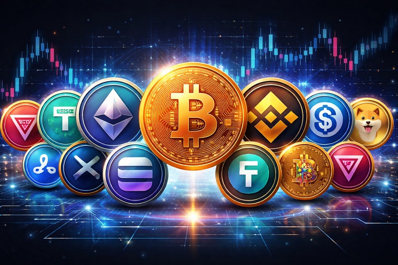 لوگوی ۱۰ ارز دیجیتال برتر شامل بیت‌کوین، اتریوم، بایننس کوین، تتر، ریپل، سولانا، کاردانو، یو‌اس‌دی‌سی، دوج‌کوین و ترون روی پس‌زمینه دیجیتال و تکنولوژی با شبکه و نمودارهای نوری جهت بررسی مکانیسم کار ارزهای دیجیتال