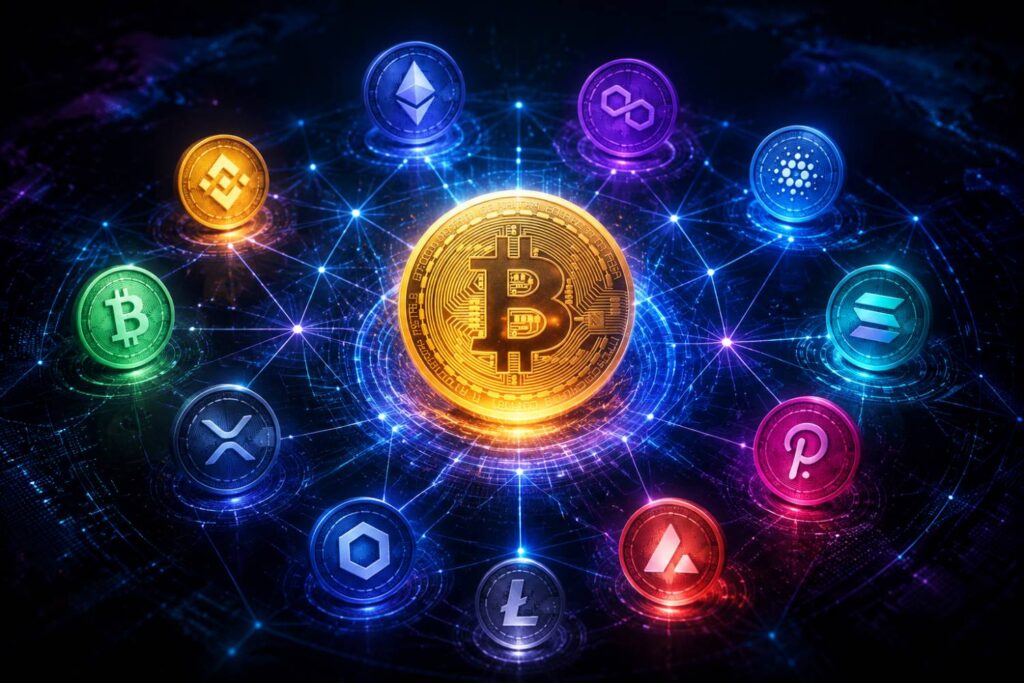 آلت کوین چیست – معرفی انواع Altcoin و بررسی مزایا و ریسک‌های سرمایه‌گذاری در آلت کوین‌ها اگر بخواهید یک نسخه کاملاً سئو محورتر هم می‌تواند این باشد: تصویری مفهومی از آلت کوین‌ها در بازار ارز دیجیتال و تفاوت Altcoin با بیت کوین
