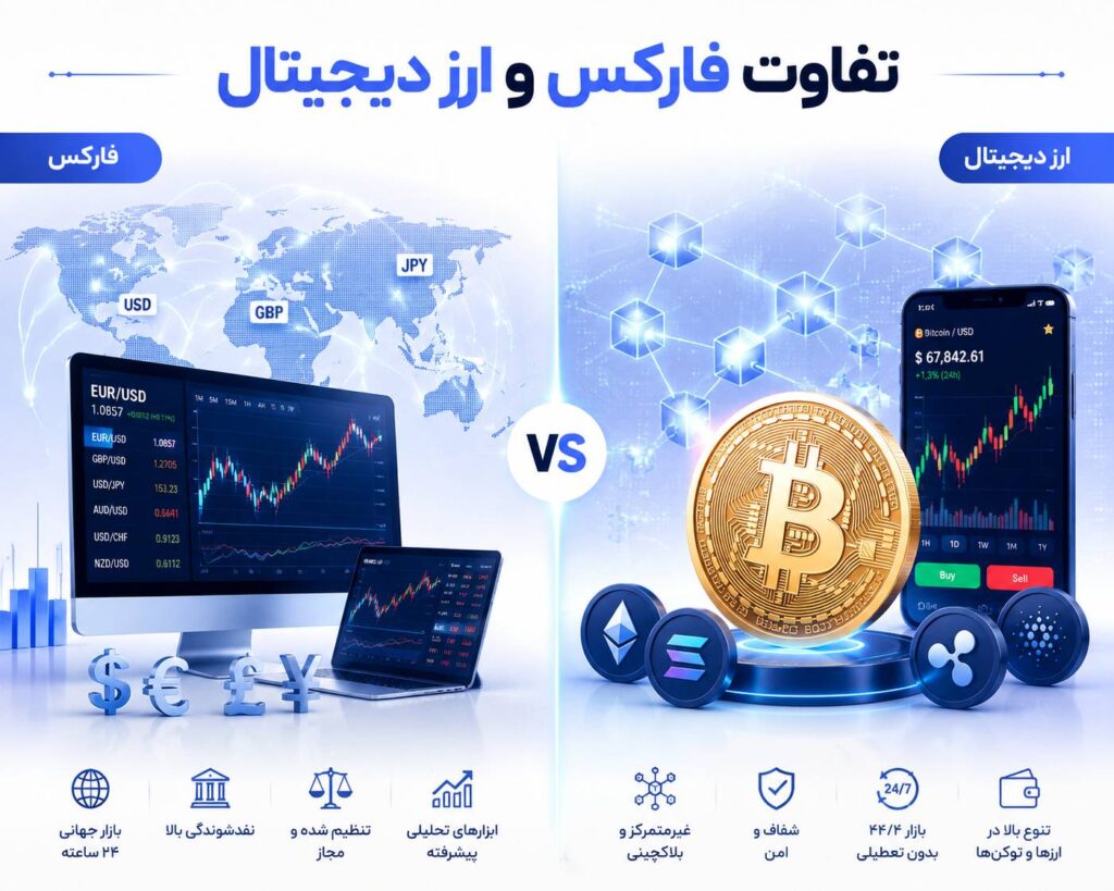 تفاوت فارکس و ارز دیجیتال | مقایسه کامل بازار فارکس و کریپتو برای معامله گران 2 تفاوت فارکس و ارز دیجیتال