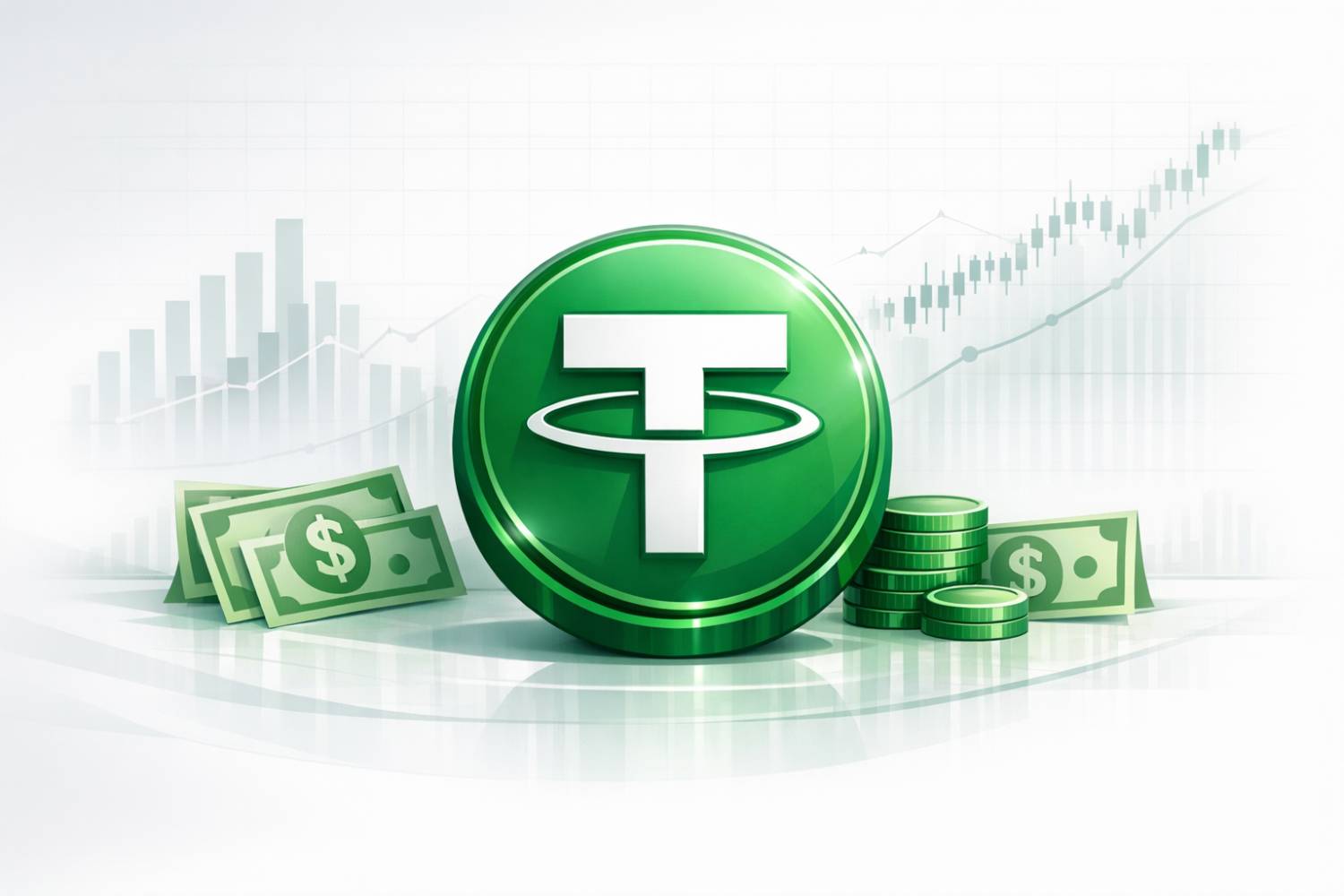 «تصویر مفهومی ارز دیجیتال تتر (USDT) با نماد وکتور سبز رنگ در کنار نماد دلار آمریکا، نمایانگر استیبل‌کوین و بازارهای مالی دیجیتال»