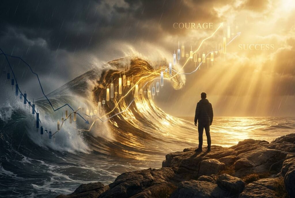 مردی مصمم بر فراز صخره‌ای ساحلی، روبه‌روی موجی عظیم با درخشش طلایی و نقره‌ای ایستاده است؛ نمودارهای کندلی بازار به‌صورت شفاف در امواج ادغام شده‌اند و گذار از آسمان طوفانی به نور پیروزی، مسیر عبور از چالش‌ها و موفقیت در بازارهای مالی را نشان می‌دهد.