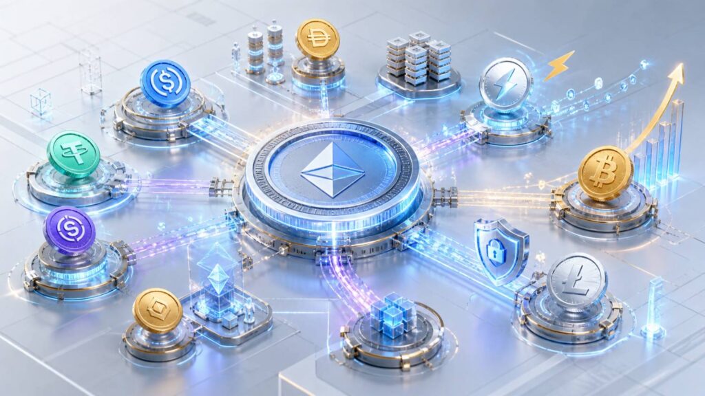 تفاوت کوین و توکن و شکل شماتیکی از توکن ها که روی شبکه بلاک چین اتریوم در حال فعالیت هستند.