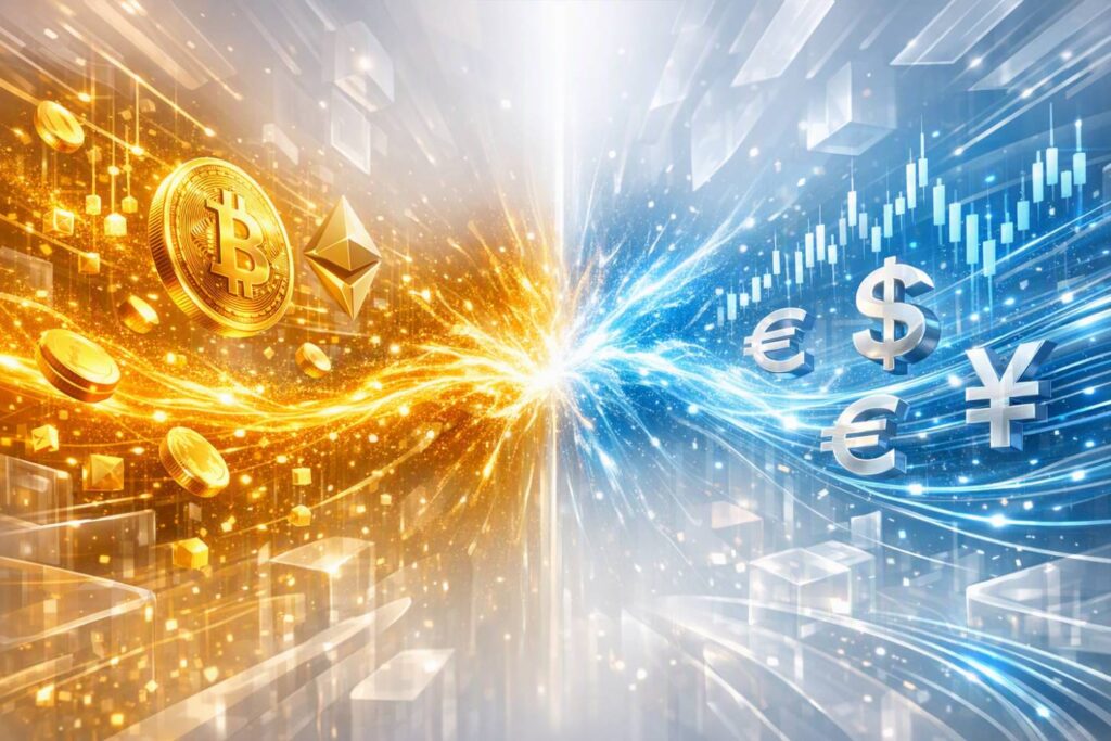 تصویر مفهومی مقایسه بازار ارز دیجیتال یا فارکس برای ترید و سرمایه‌گذاری